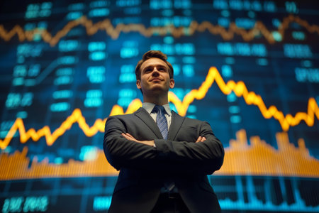 Confident businessman stands with arms crossed in front of a large digital financial graph displaying upward trends, symbolizing success and achievement in the corporate world.の素材