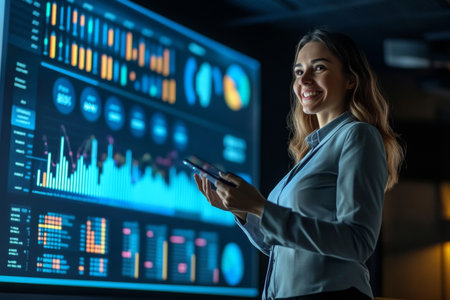 In a contemporary conference room, a businesswoman stands confidently, smiling as she presents impressive sales growth data on a large screen using a tablet.の素材