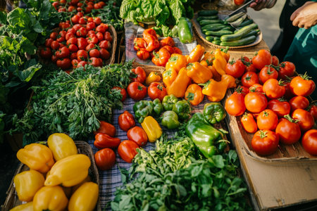 Fresh produce fills a busy farmers market table with an array of colorful tomatoes, peppers, and vibrant herbs under bright sunlight, showing local agriculture and community spirit.の素材