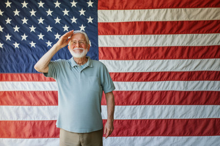 An elderly veteran stands smiling, saluting with respect in front of a large American flag. The atmosphere exudes patriotism and joy, celebrating honor and service.の素材