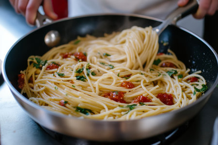 A skilled chef expertly tosses pasta with fresh sauce and ingredients in a skillet, creating a delicious and aromatic dish in a lively kitchen environment.の素材