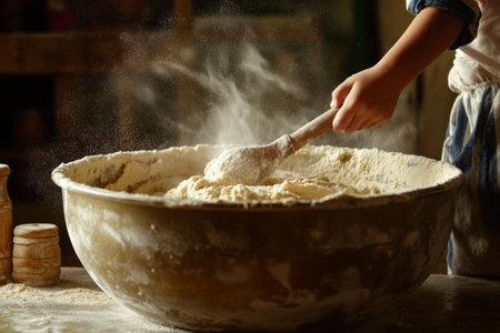 A young child is actively stirring batter in a large mixing bowl, creating a cloud of flour dust in the air. This delightful baking activity takes place in a cozy kitchen environment.の素材