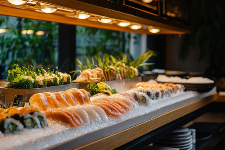 Sushi-grade fish is displayed on ice in an upscale restaurant. Elegant lighting enhances the vibrant colors of the fresh ingredients, inviting patrons to enjoy a premium dining experience at dinner.の素材
