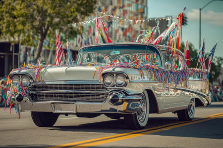 A classic American car, gleaming with decorations, rolls through a lively parade. Colorful streamers and flags flutter in the breeze as spectators enjoy the festive atmosphere under bright sunlight.の素材