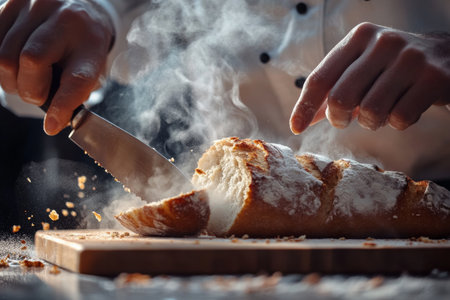 A chef skillfully slices through a loaf of sourdough bread, releasing steam and crumbs onto a wooden cutting board. The inviting aroma fills the air in the cozy kitchen.の素材