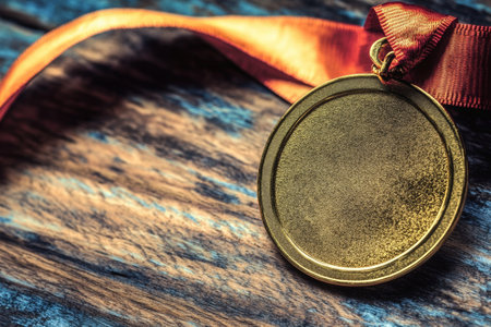 A glimmering gold medal lies on a wooden table, its ribbon elegantly draped around it, symbolizing victory and achievement in a recent competition or event.の素材