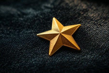 Close-up view of a gold star pin resting on a dark velvet surface conveys a strong message of excellence. The intricate design showcases a symbol often associated with achievement and success.の素材