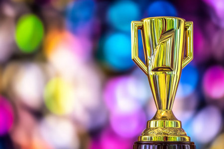 A golden first-place trophy sits prominently, capturing the essence of victory amid a vivid, colorful backdrop. This symbol of achievement reflects moments of hard work and dedication.の素材