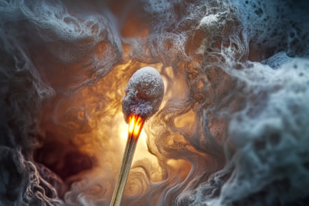 A matchstick spark ignites, creating a brilliant flame and intricate smoke patterns. The close-up captures the intense moment of combustion in striking detail.の素材