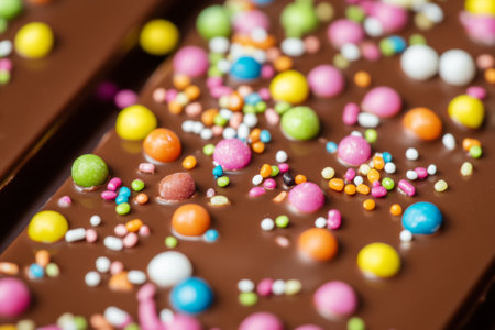 Close-up view showcasing an array of colorful candy sprinkles on a smooth chocolate surface, highlighting the vibrant hues and textures that enhance the sweetness of dessertsの素材