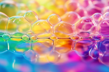 A close-up of soap bubbles gathered on a smooth surface creates a stunning display of colors that reflect light brilliantly, enhancing the natural beauty of the scene.の素材