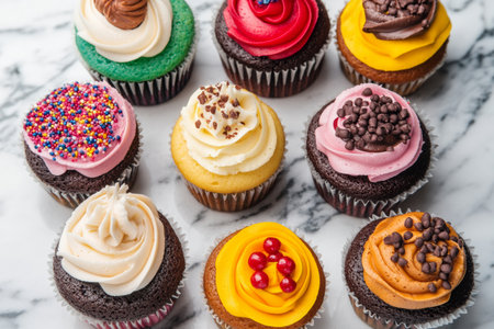 A delightful arrangement of colorful cupcakes sits on a marble countertop, showing an array of different toppings. Each treat is uniquely decorated, inviting indulging in sweetness.の素材