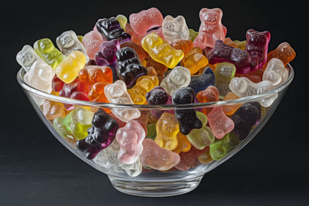 A vibrant selection of gummy bears and jelly candies fills a clear bowl, showing an array of colors and shapes. This sweet display invites enjoyment and indulgence with every glance.の素材
