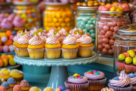 Delicious assortment of cupcakes with colorful frosting, pastries, and numerous candy jars fill the buffet table at a festive gathering, creating an inviting atmosphere for dessert lovers.の素材