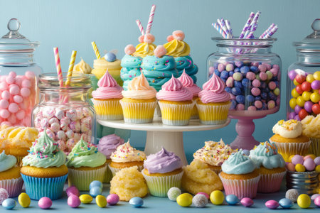 A vibrant dessert display showcases an assortment of cupcakes, pastries, and colorful candy jars. This enticing setup invites guests to indulge in sweet treats during a celebration.の素材