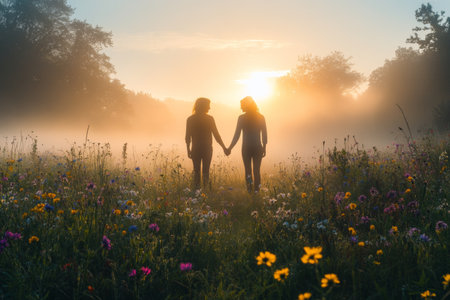 On a misty morning, a couple holds hands in a vibrant meadow filled with blooming wildflowers. Sunlight pierces the fog, creating a serene atmosphere. It's a peaceful and romantic moment.の素材