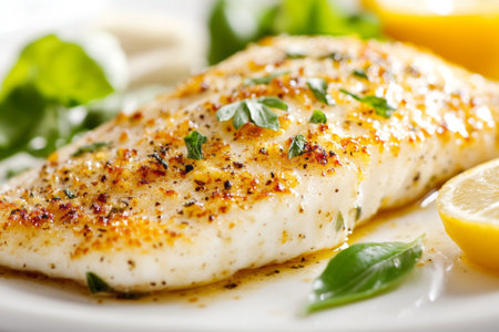 A delicious fish fillet is seasoned and cooked to perfection, presented on a white plate. It is garnished with herbs, accompanied by lemon slices and fresh greens, ideal for a light meal.の素材