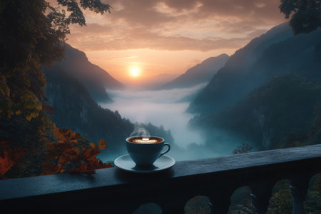 Sipping coffee on a balcony provides a perfect vantage point to enjoy a misty mountain valley at dawn. The sun slowly rises, casting beautiful light across the landscape.の素材