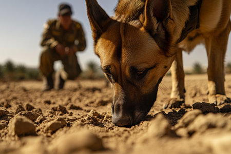 Highly trained demining dog is focused on detecting hidden explosives in the ground while its handler attentively watches in a dry, dusty environment under clear skies.の素材