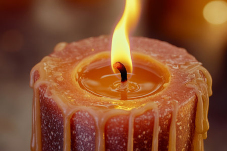 A close-up view showcases a candle wick burning brightly, surrounded by molten wax pooling at its base. The flickering flame adds warmth and ambiance, highlighting intricate details.の素材