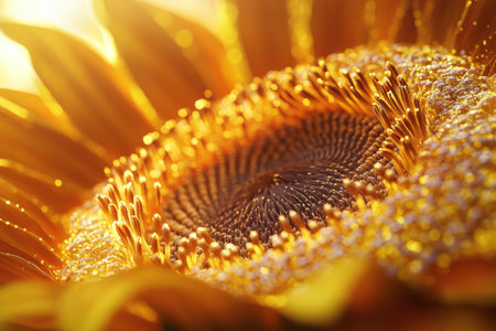 Close-up of a sunflower center reveals a stunning arrangement of seeds and delicate patterns, beautifully highlighted by warm sunlight during golden hour, creating a vibrant spectacle.の素材