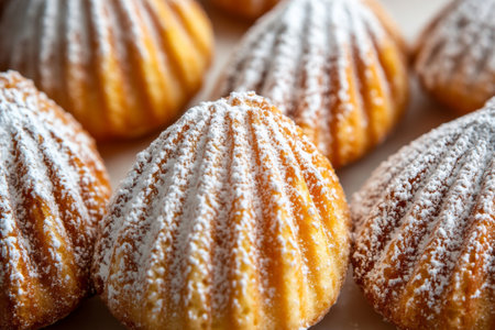 Delightful French madeleines presented in a close view. Their signature shell shape showcases a light dusting of powdered sugar, adding sweetness and charm. Perfect for connoisseurs.の素材