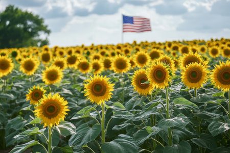 A field filled with tall sunflower vast stands under a bright sky, while a waving American flag adds a patriotic touch in the distance, creating a serene atmosphere.の素材