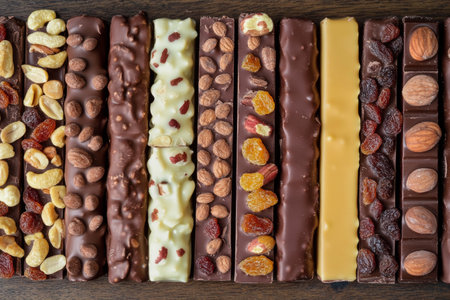 Various chocolate bars are beautifully arranged, showcasing a mix of nuts and dried fruits. This flat lay highlights the rich textures and colors of each treat, perfect for sweet cravings.の素材