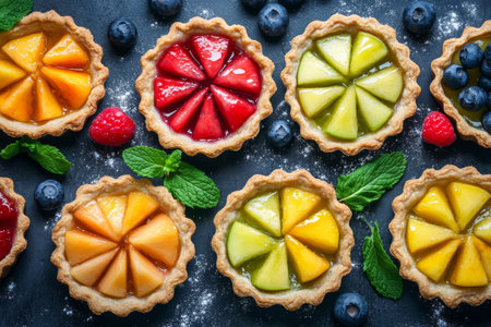 Colorful fruit tarts arranged aesthetically display fresh peaches, raspberries, blueberries, and mint leaves. These delightful treats capture the essence of a summer dessert spread.の素材