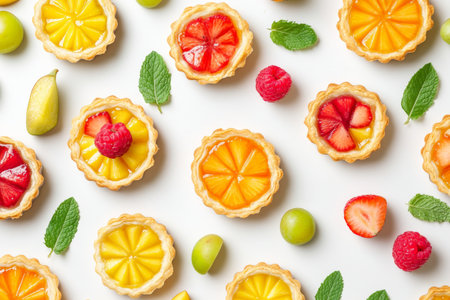 Assorted fruit tarts filled with vibrant fruits such as strawberries, raspberries, and grapes are beautifully arranged with fresh mint leaves. Perfect for dessert lovers seeking colorful options.の素材