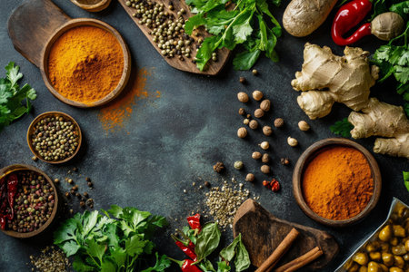 Colorful array of exotic spices and fresh ingredients arranged in a flat lay reveals the vibrant offerings of a local market, showing rich colors and textures in 8K resolution.の素材