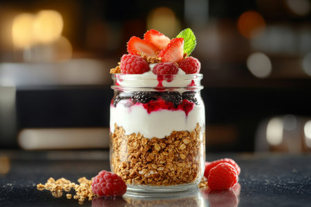 Layers of granola, creamy yogurt, and fresh berries create a colorful parfait served in a glass jar, perfect for a healthy breakfast or snack. Enjoy the blend of flavors and textures.の素材