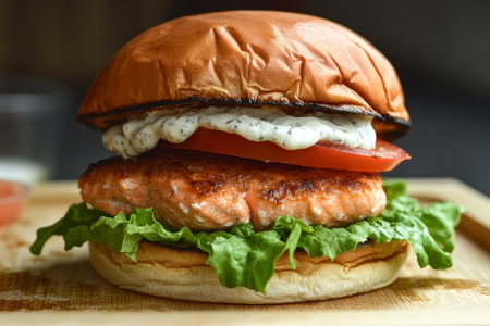 Delicious gourmet salmon burger featuring a juicy salmon patty topped with crisp lettuce, fresh tomato, and rich creamy sauce, served on a soft bun. Perfect for food lovers.の素材