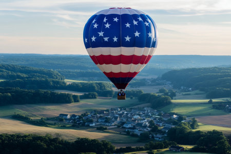 A hot air balloon in red, white, and blue floats gracefully above a picturesque rural American town during a clear day. The lush landscape below showcases vibrant fields and quaint houses.の素材