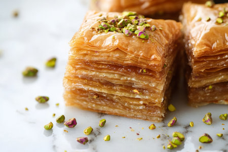 Layers of flaky baklava sit neatly on a marble countertop, surrounded by scattered pieces of crushed pistachios, highlighting this rich desserts texture and flavor.の素材