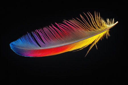A single feather is showcased in exquisite detail, revealing its delicate barbs and a stunning array of colors. This close-up highlights the beauty found in nature.の素材