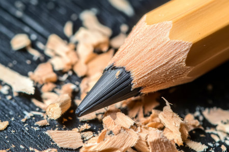 Macro shot captures the sharp pencil tip surrounded by delicate wood shavings, revealing intricate textures and craftsmanship at an impressive resolution, highlighting artistry in simple tools.の素材