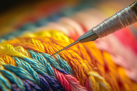 Close-up capture of a sewing needle expertly threading through colorful fabric, revealing the fine textures and rich hues of the fibers, showing the art of sewing.の素材