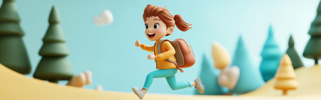 A cheerful girl with a backpack runs enthusiastically across a vibrant, animated landscape featuring stylized trees and soft clouds, capturing the essence of adventure and joy.の素材