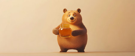 A charming cartoon bear stands joyfully, clutching a jar of honey with a bright smile, set against a soft pastel background that enhances the playful mood.の素材