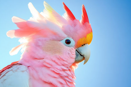 The bright pink cockatoo showcases its striking plumage with colorful crests against a vivid blue sky, highlighting natural beauty in the wild.の素材
