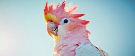 A brightly colored cockatoo displays its stunning plumage while perched under a clear sky, basking in the sunlight during a beautiful day outdoors.の素材