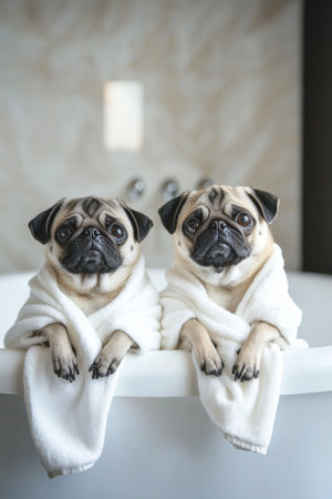 Two pugs sit comfortably in white bathrobes at the edge of a bathtub, exuding cuteness and charm in a stylish bathroom environment.の素材