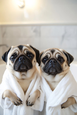 Two cute pugs wearing fluffy white bathrobes sit side by side in a light-filled bathroom, exuding a playful yet relaxed aura.の素材