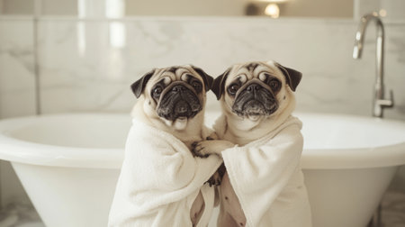 Two adorable pugs stand side by side, wrapped in soft white towels, showing affection against the backdrop of a luxurious bathroom and a freestanding bathtub.の素材