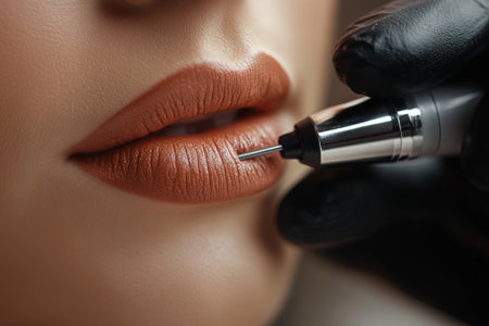 A beauty technician skillfully applies semi-permanent lip tint to enhance the client's lips, showcasing precision in a modern salon environment.の素材