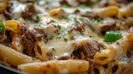 This hearty dish features baked pasta mixed with tender beef, gooey melted cheese, and vibrant green peppers, garnished with fresh herbs for added flavor.の素材