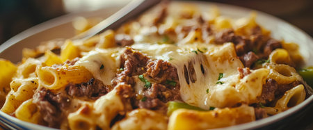 A warm serving of baked pasta topped with melted cheese and meat, presented in a rustic bowl, creates a comforting lunch atmosphere perfect for sharing.の素材