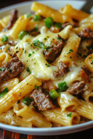 A hearty dish of creamy pasta featuring tender steak pieces, green peppers, and melted cheese creates a comforting meal perfect for any occasion.の素材