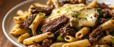 A hearty meal featuring penne pasta mixed with tender beef strips and topped with melted cheese, garnished with herbs, served at dinner on a wooden table.の素材